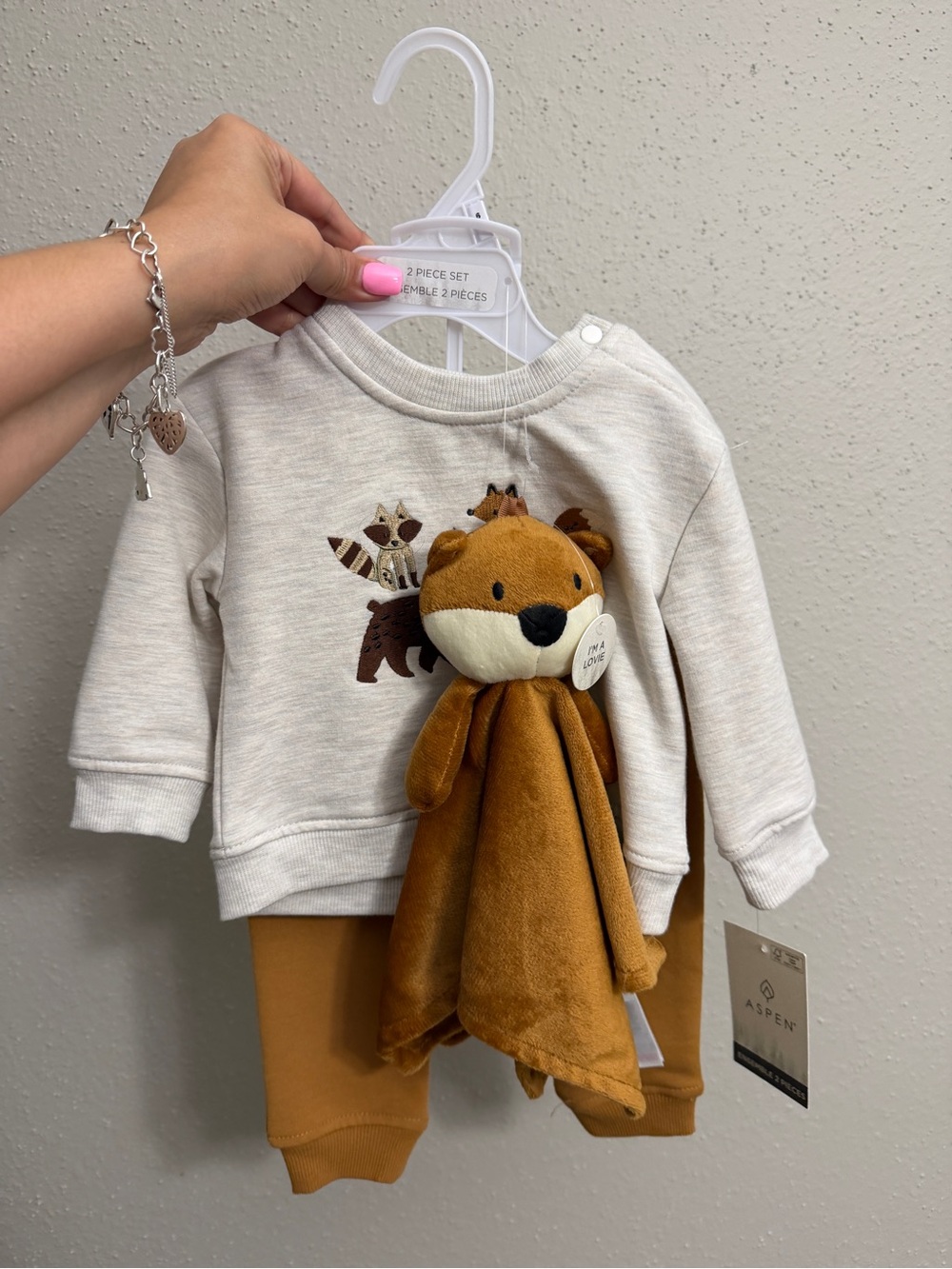 Kids Matching Set - Cream Top & Brown Pants with Plush Fox